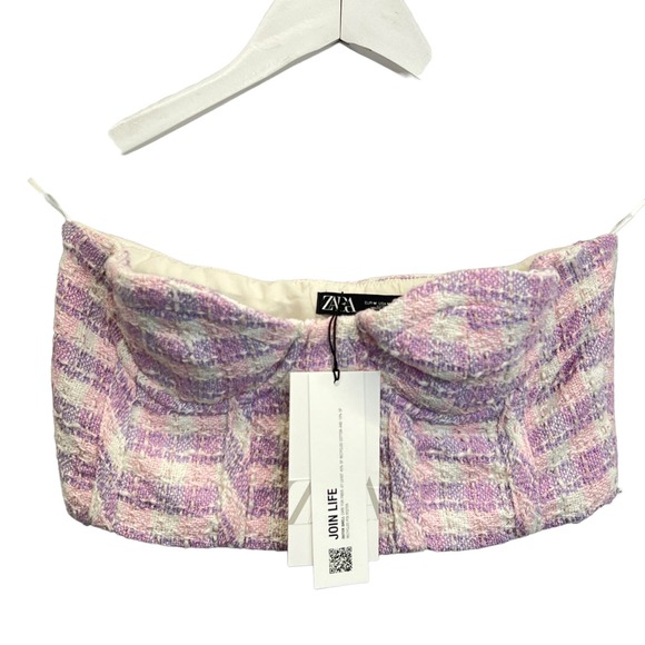 Zara Tweed Bustier Tube Top Pink Purple Size S Cropped Sweetheart Neckline - Picture 3 of 9